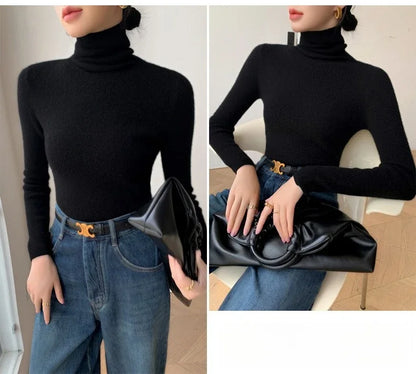 2025 herbst Winter Rollkragen Warme Jumper Lässig Feste Dünne Strickjacke Frauen Langarm Gestrickte Pullover Einfache Basis Schicht Top.