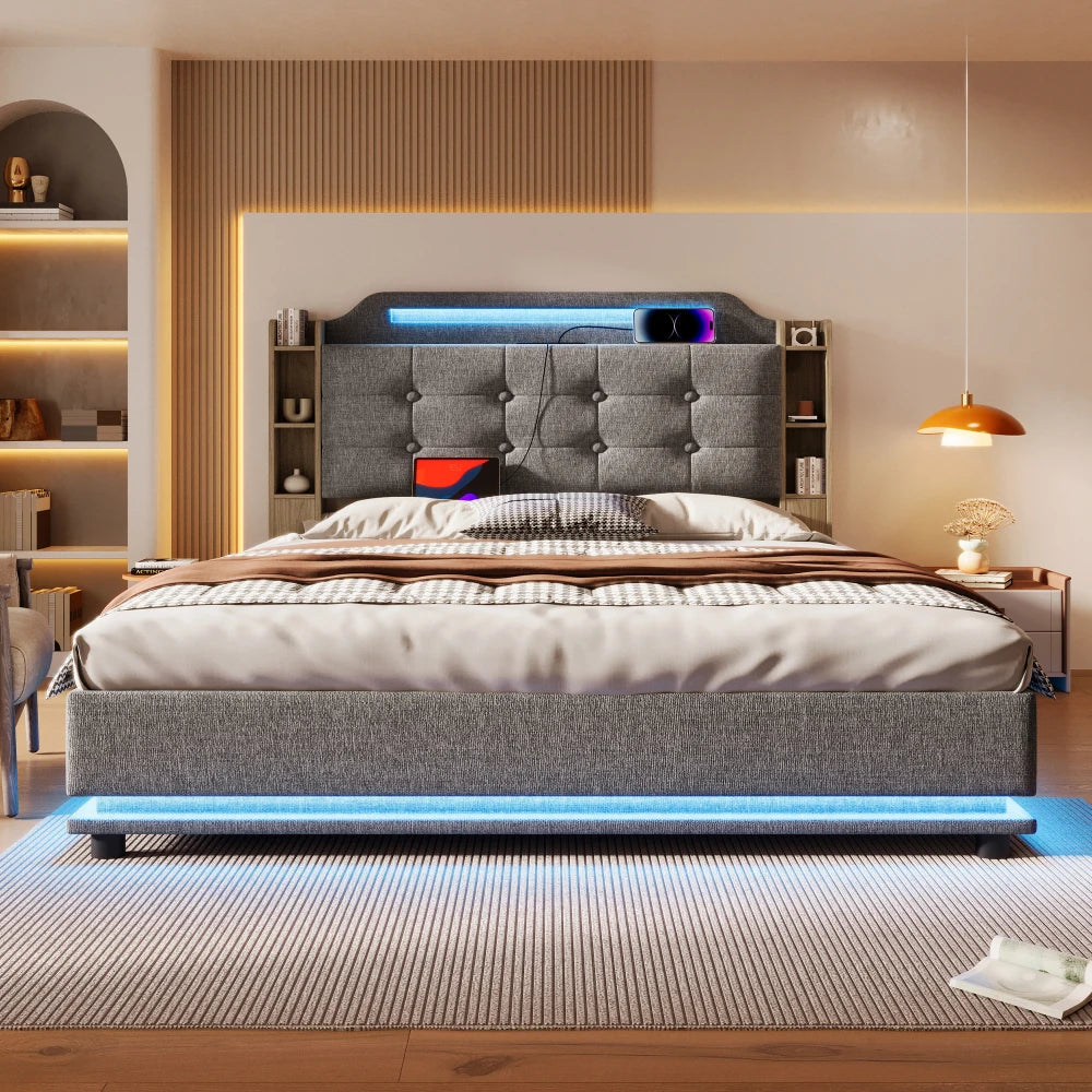140*200cm Polsterbett mit LED-Lichtleiste und mehreren Ablagefächern, für Schlafzimmerwäsche, Beige (ohne Matratze)