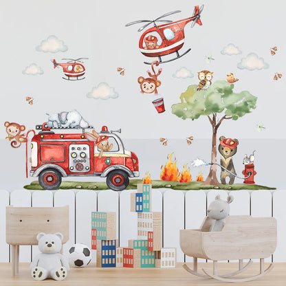 Creative cartoon animal firefighters sticker for living room kids room decoration self adhesive wall art decal.