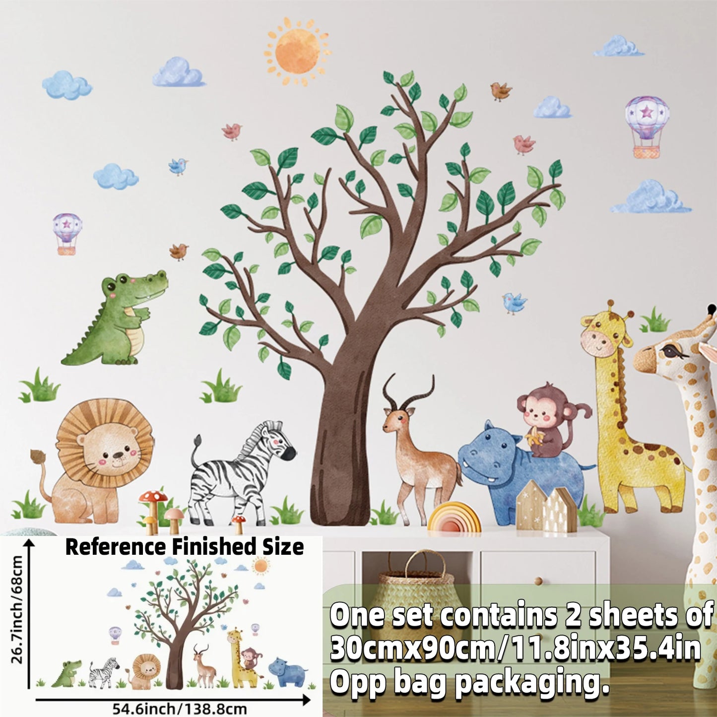 Safari Jungle Woodland Animals Wall Decals Wall Stickers for Boys Girls Baby Nursery Kids Bedroom Living Room Classroom Decor.