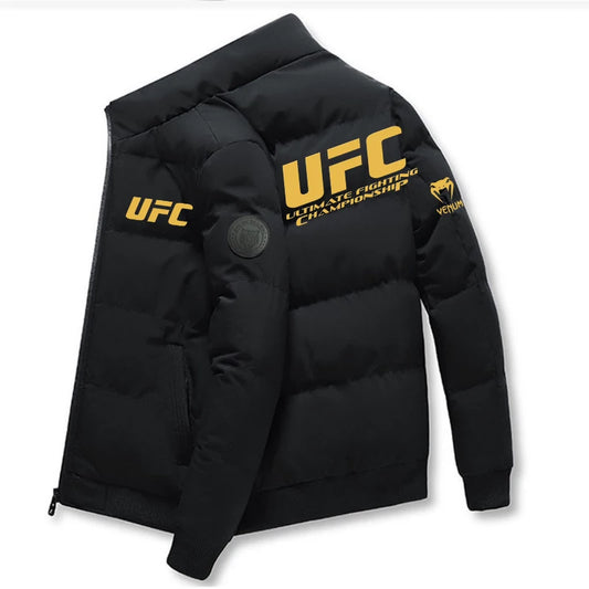 2025UFC new thick jacket, warm cotton-padded jacket, winter casual sports down jacket, stand-up collar windproof jacket.