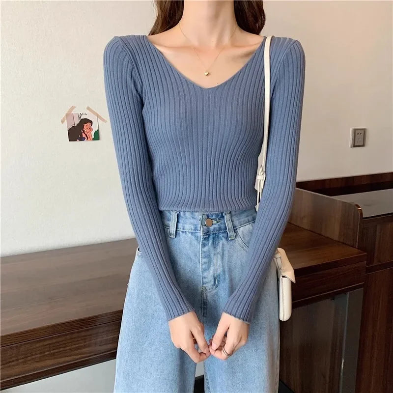 2025 einfarbig Schlank Pullover Koreanische Herbst Winter V-ausschnitt Pullover Mode Lässig Langarm Gestrickte Pullover Frauen Kleidung.