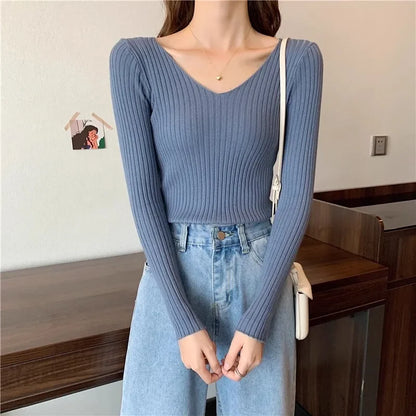 2025 einfarbig Schlank Pullover Koreanische Herbst Winter V-ausschnitt Pullover Mode Lässig Langarm Gestrickte Pullover Frauen Kleidung.