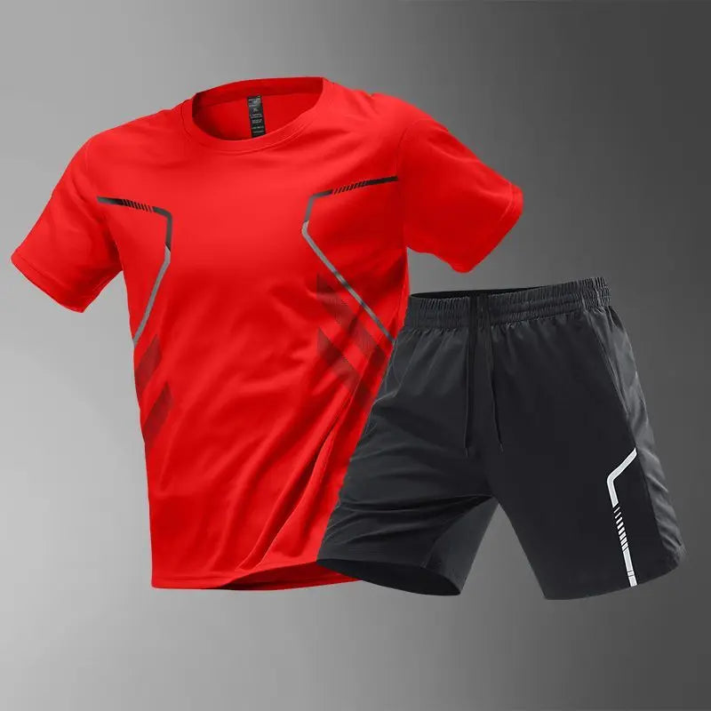 Summer Men Sets New Quick Dry Breathable Gym Clothing Training Short Sleeve Tops Shorts Suit Outdoor Daily Leisure Two-Piece Set.