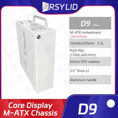 ARSYLID D9 M-ATX Computer Case 5.3L Smaller Mini Core Display Form Factor Chassis 63mm Radiator Flex PSU.