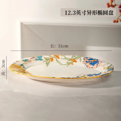 1PC Chinese-style Ceramic Plates New Flower-patterned Dinner Plates Ceramic Fruit Salad Plates Exquisite Kitchen Accessories
