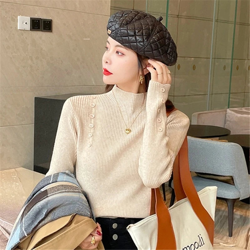 Langarm Beiläufige Dünne Pullover Mode Taste Grundlegende Gestrickte Tops Frauen Rollkragenpullover Koreanische Mode Einfache Chic Kleidung.