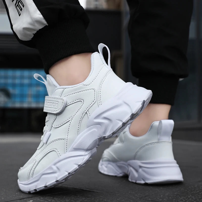 Sport Girl Casual Shoe Leather 5-16Years Boy Tenis Shoe Outdoor Children Running Sneaker Anti Slip Soft Sole Walking Footwear.