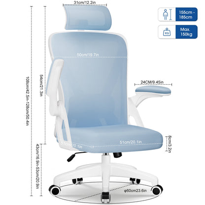 AUTHMIC Ergonomischer Schreibtischstuhl, blaue Liegerückenlehne, faltbare Armlehnen, verstellbare Kopfstütze und Lordosenstütze, strapazierfähig, 150 kg