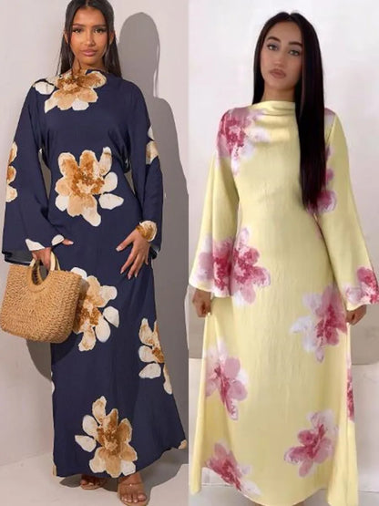 Women Arabic Eid Muslim Dubai Abaya Dress Luxury Fashion Flower Print Long Dress Kaftan Robe Femme African Islam Clothing Kebaya.