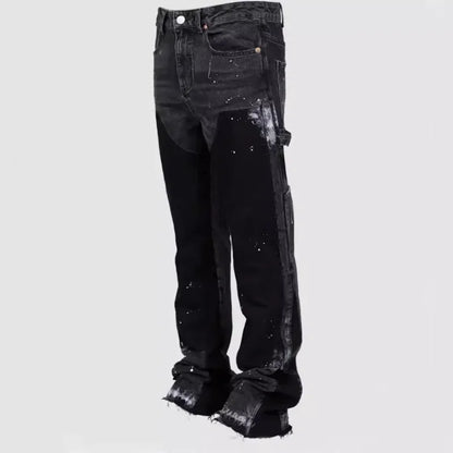 Y2k Jeans Men Painting Patch Baggy Stacked Jeans Fashion Work Wear Popular Stretch Patch Denim Stacked Flare Jeans Pants.