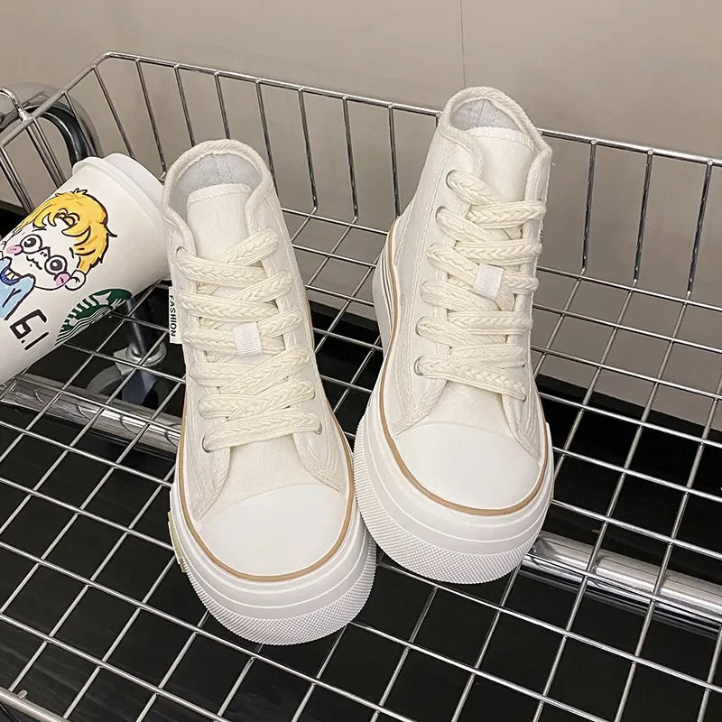 Maogu Women Autumn 2023 New Fashion Thick Platform Leisure Sports Shoe White Sneakers Breathable Casual High Top Canvas Shoes 40.