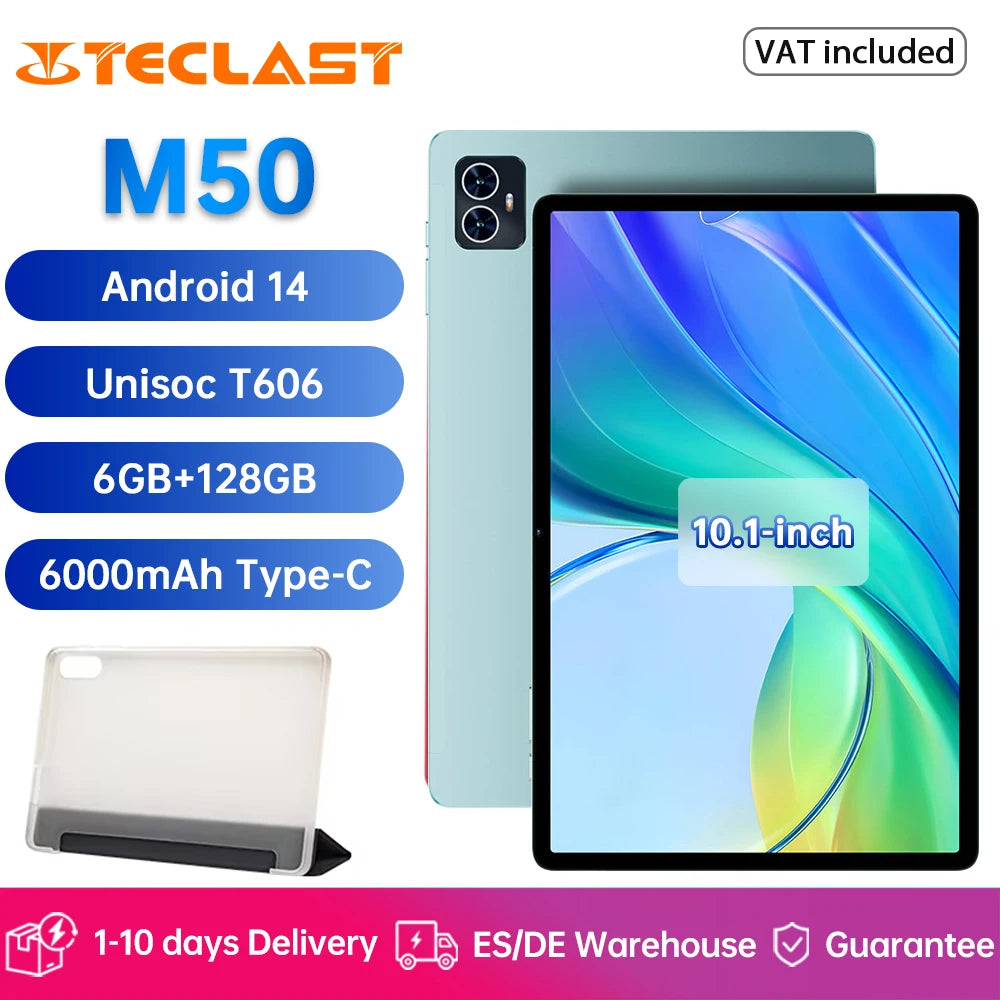 Teclast M50 Tablet 6GB RAM 128GB ROM Unisoc T606 Octa-core 10.1inch TDDI Android 14 WiFi BT5.0 6000mAh Type-C Tablet Case.