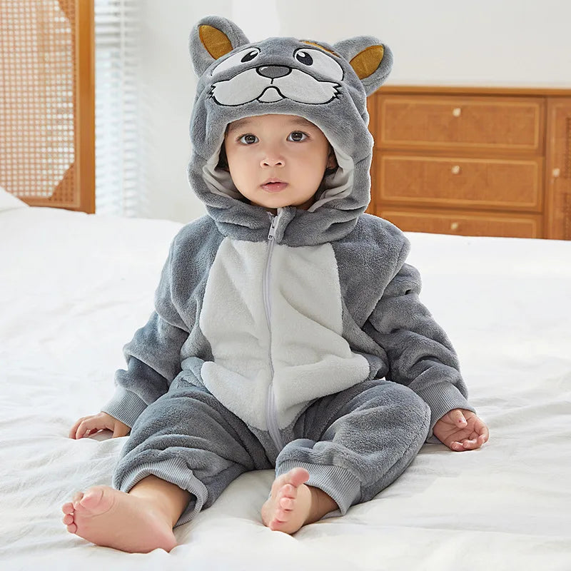 Graue Katze Stram pler Baby Junge Mädchen Pyjama Neugeborene Bebe Kleidung niedlichen Body suits Flanell warme einteilige Winter Halloween Tier Outfit.