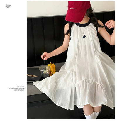 Neues Sommer-Mädchen-Prinzessinnenkleid für Kinder, ärmelloses Kleid mit Rüschen, Design-Kleider für Teenager, Kinder, lässiges Urlaubs-Strandkleid.