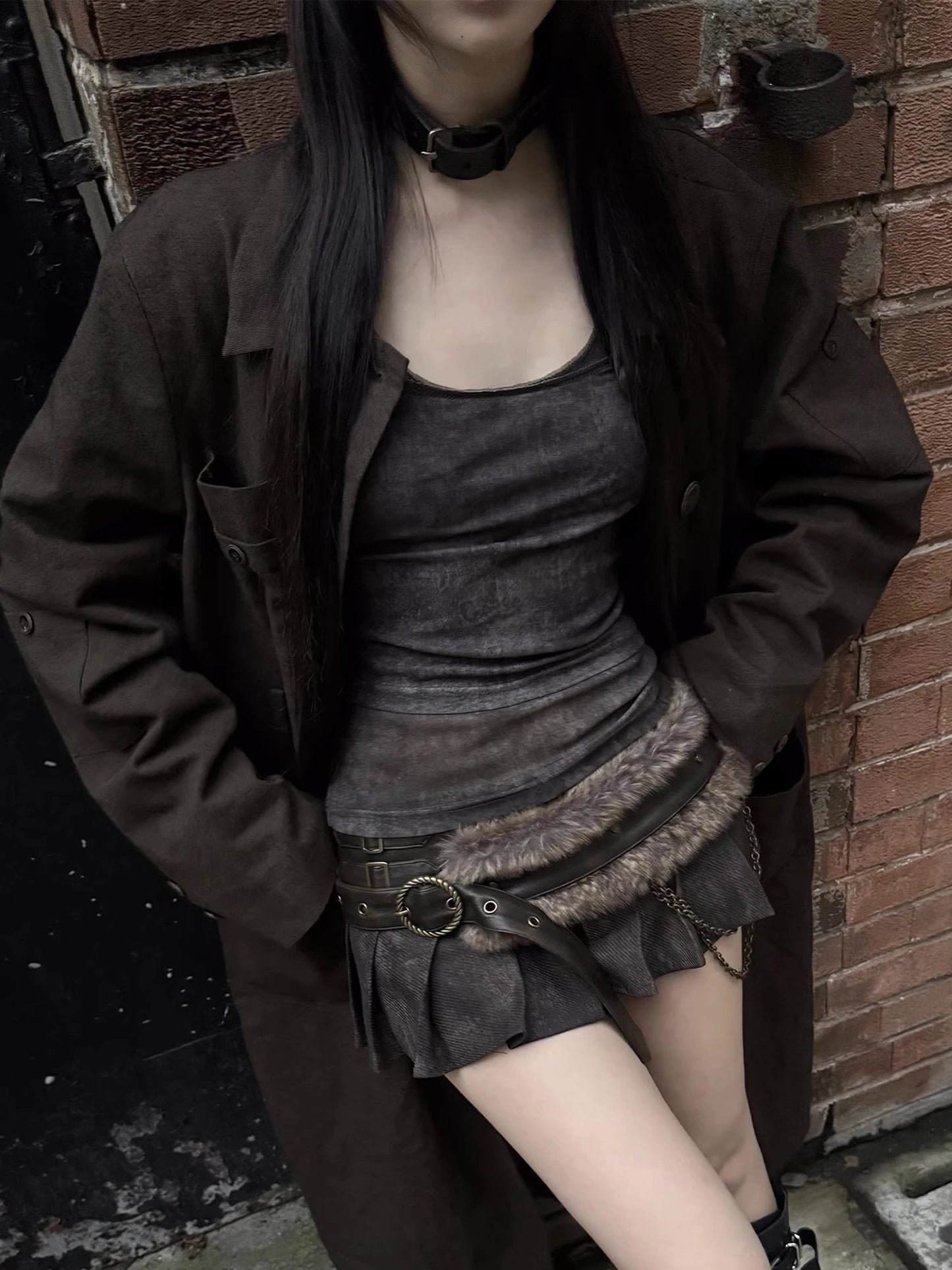 Lautaro Spring Summer Cool Washed Distressed Soft Pu Leather Mini Pleated Skirt Women High Waist Belt Luxury Designer Clothes