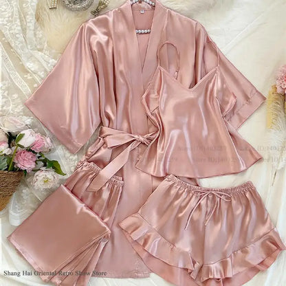 Frühling Sommer Neue Frauen Pyjama Vier Stück Anzug Nachtwäsche Seidige Satin Kimono Bademantel Hosen Anzüge Lose Hause Kleidung Loungewear.