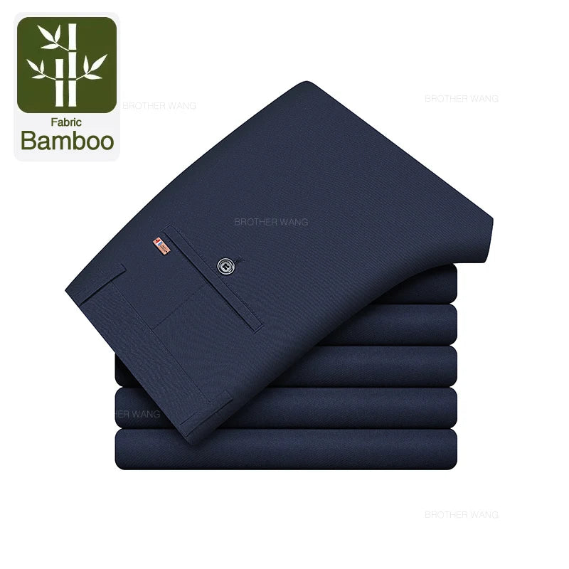 Bamboo Fiber Fabric Men's Casual Pants Summer New Ultra-thin Elastic Soft Straight Business Trousers Classic Black Khaki Gray