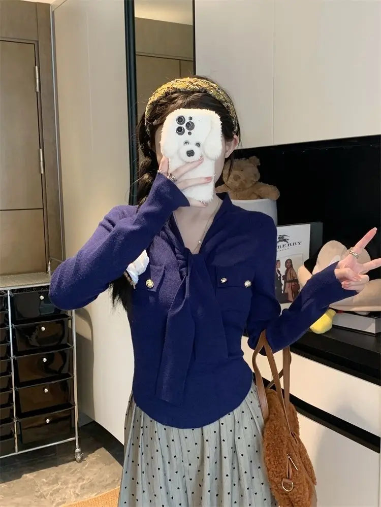 Frauen Frühling Herbst Einfachheit Büro Dame V-ausschnitt Einfarbig Langarm Strickwaren Damen Mode Alle-spiel Temperament Tops.