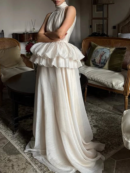 VGH Solide Abend Gespleißt Rüschen Maxi Kleider für Frauen High Neck Ärmellose Tunika Temperament Zeremonie Kleid Weibliche Kleidung.