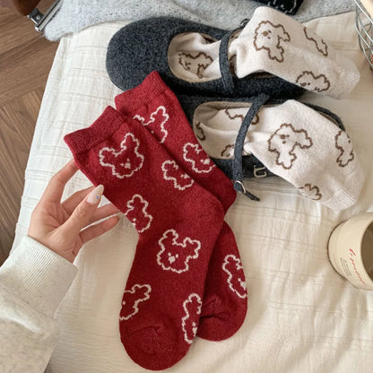 Christmas Gift Socks Women Winter Keep Warm Wool Socks Cute Bear Cartoon Happy Funny Kawaii Daily Streetwear Woman Floor Socks.