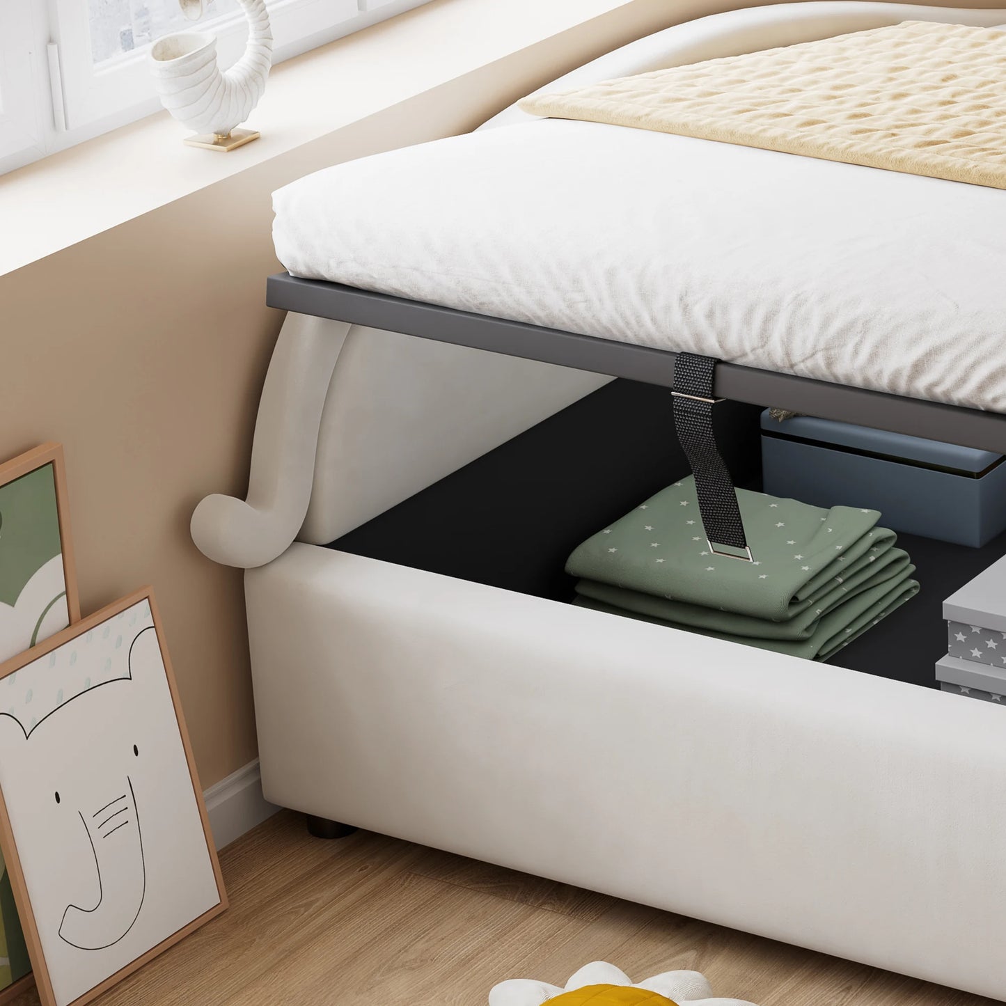 Polsterbett, Einzelbett, süßes Katzendesign, hydraulisches Bett mit Stauraum und Gürtelgriffen, stabiler Gitterrost, 90 x 200 cm