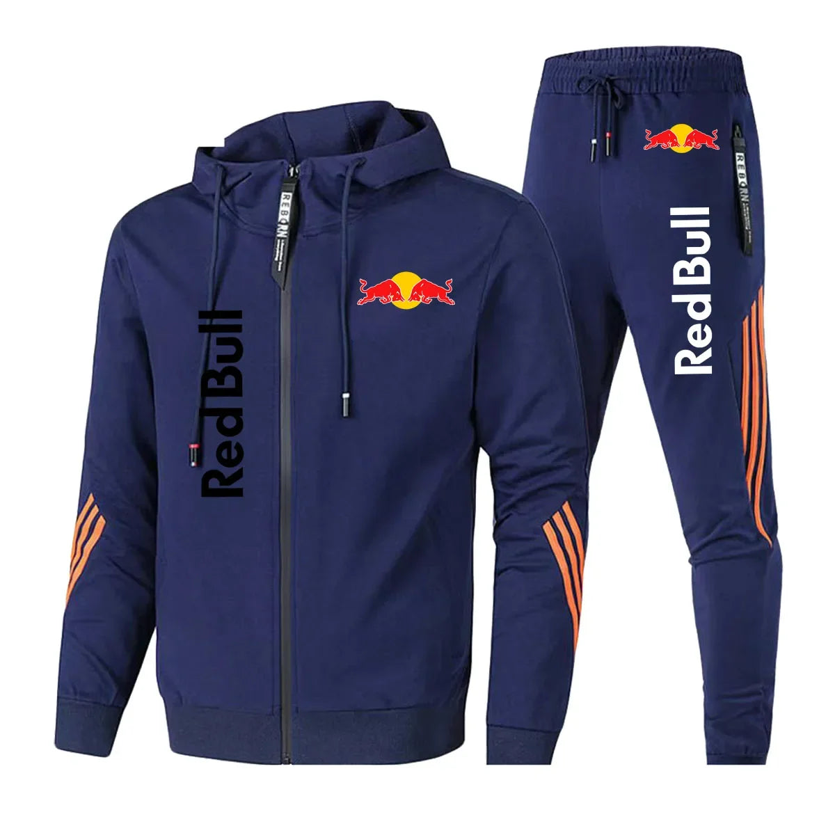 2025 Red Bull Logo Men's Hoodie Set Two-piece New Red Bull Brand Logo Printed Zipper Jacket Solid Color Simple Cycling Suit.