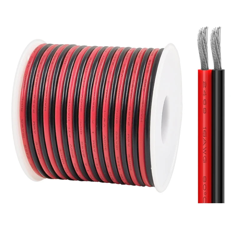 10M~50M 16 18 20 22 24 26 28 30AWG 2Pins Copper Wire DIY LED Lamp Connector Red & Black Flat Ribbon Cable 300V 80C.