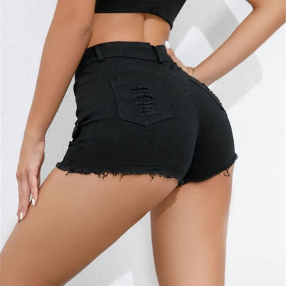 Women Denim Shorts High Waist Broken Holes Patchwork Tassel Ultra-Short Pants Trend Streetwear Female New Casual Straight Trunks.