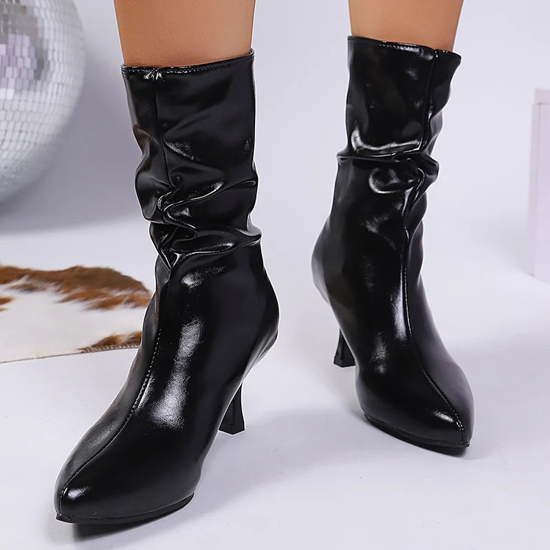 Sexy Pu Leather Thin High Heels Boots Women Back Zipper Pointed Toe Ankle Boots Woman Fleece Lining Warm Short Booties Mujer 42.