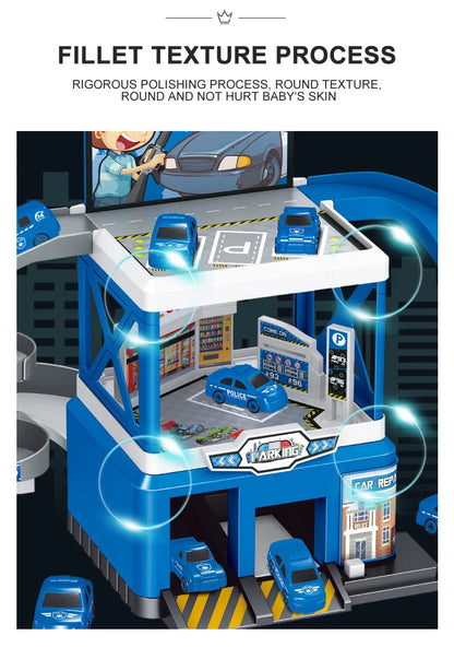 Garage Racing Track Sliding Car Parking Lot Toys Multi-Storey Car Parking Fire Police Engineering Mini Vehicle Toy for Boys Gift.