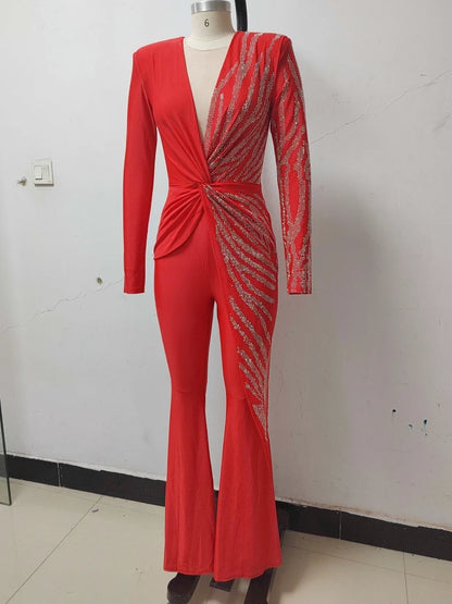 Sexy Deep V Neck Sparkly Diamonds Design Jumpsuit Women Long Sleeve Draped Wide Leg Jumpsuit Elegant Evening Club Costume Runway