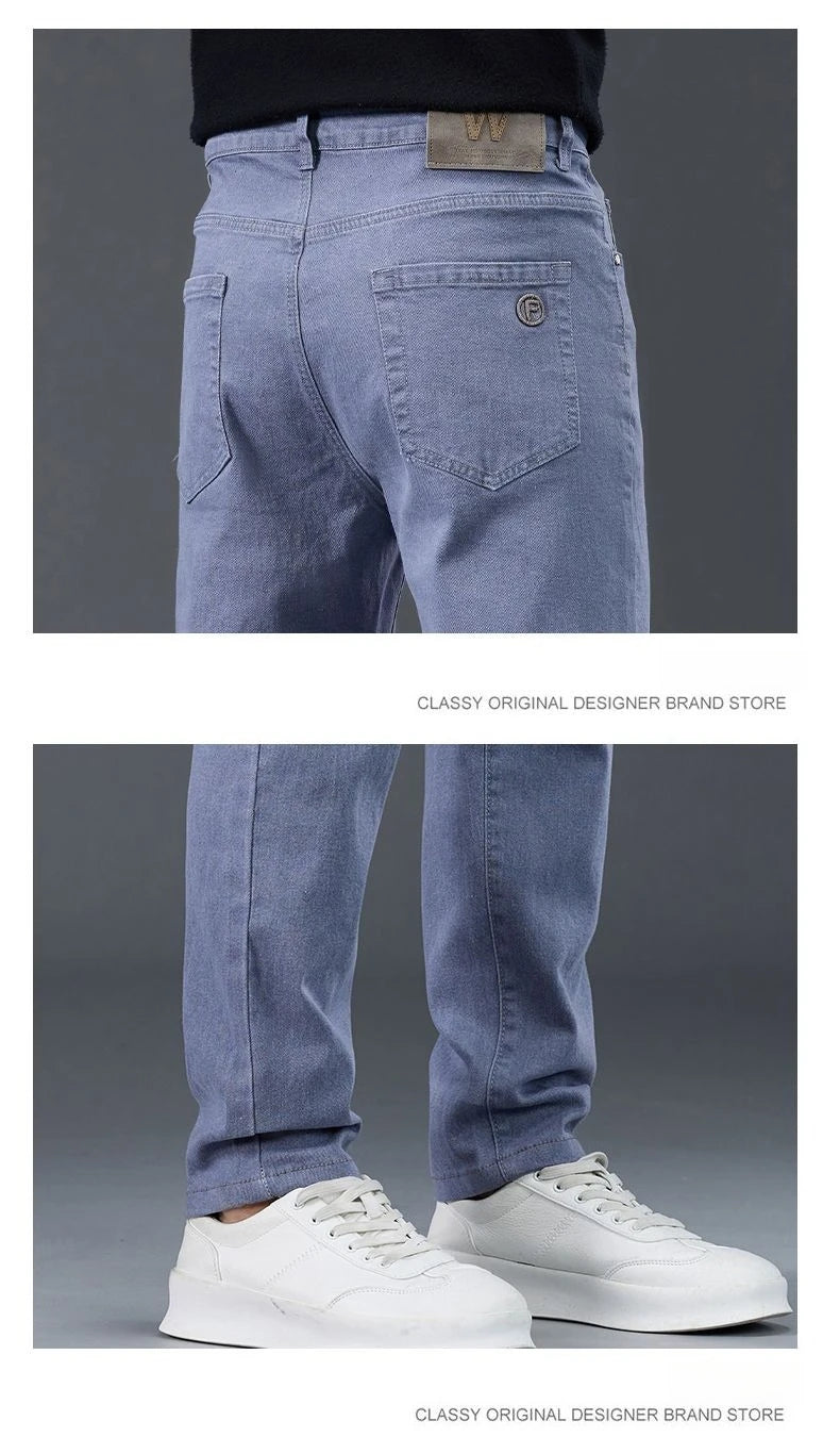 Male Brand Jeans Clothing Light Luxury Stretch Looes Fit Pants Comfortable Soft Business Fashion Straight Casual Denim Trousers