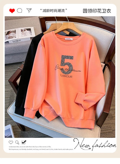175kg plus size Damen büste Frühling Herbst loser Rundhals ausschnitt bedrucktes Langarm-Sweatshirt schwarz orange 5xl 6xl 7xl 8xl 9xl.
