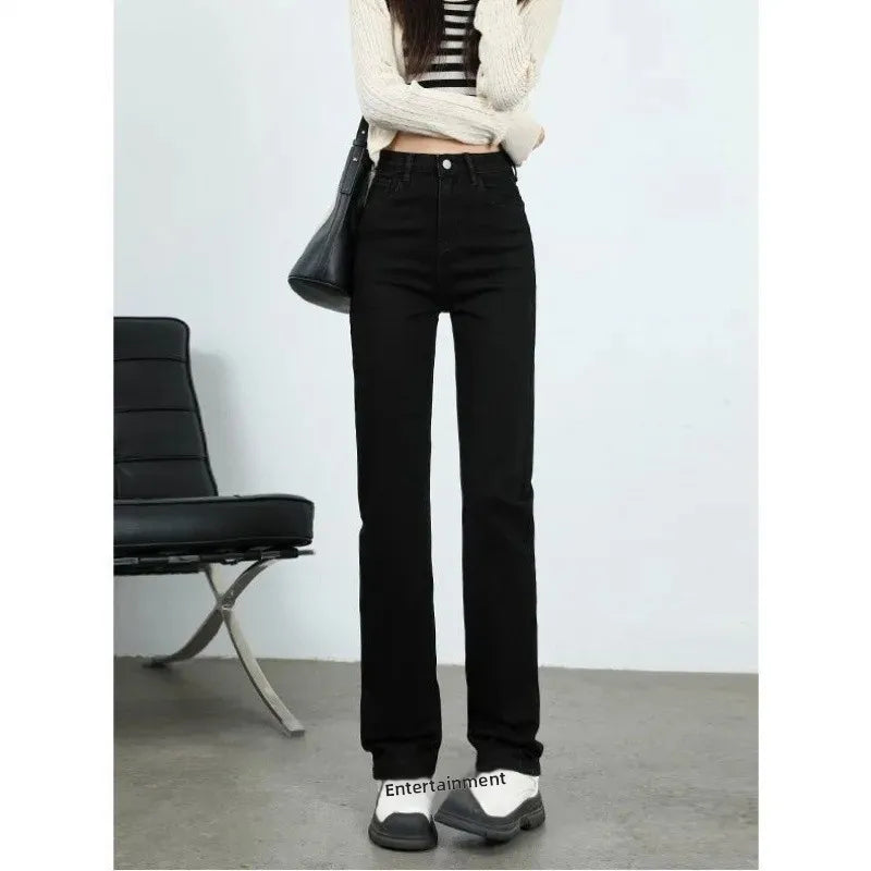 High Waist Elastic Denim Pants Straight Narrow Versatile High Waist Slimming Straight Tube Pants for Spring Autumn New Arrival.
