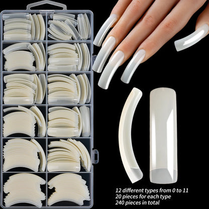240Pcs/Box Extra Long Bend False Nails 12-Sizes Full Cover Press On Nail Clear/White/Black Building Extension Fake Fingertips *&.