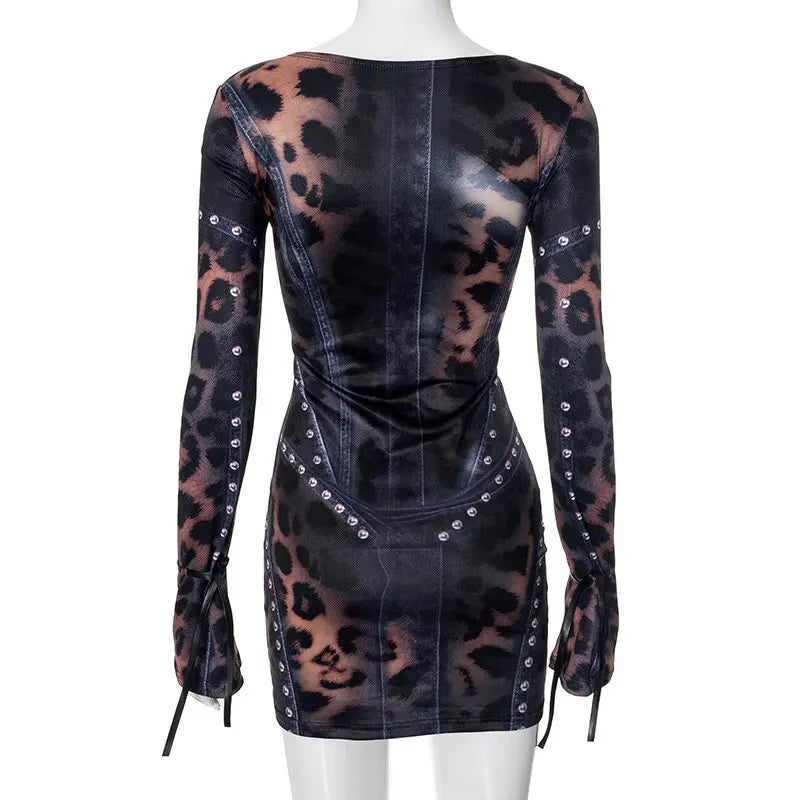 GACVGA Vintage Druck Sexy Bodycon Mini Kleid Für Frauen 2024 Herbst Winter Mode Volle Hülse Weibliche Club Party Kleider.