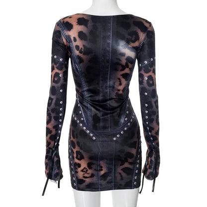 GACVGA Vintage Druck Sexy Bodycon Mini Kleid Für Frauen 2024 Herbst Winter Mode Volle Hülse Weibliche Club Party Kleider.