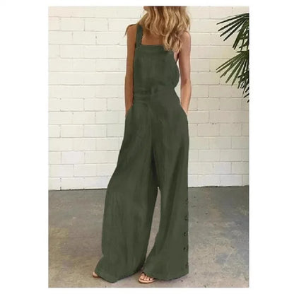New 2021 Women's Solid Color Sleeveless Side Button Wide Leg Pocket Casual Jumpsuit Comfortable One-Piece Suiting Pants.