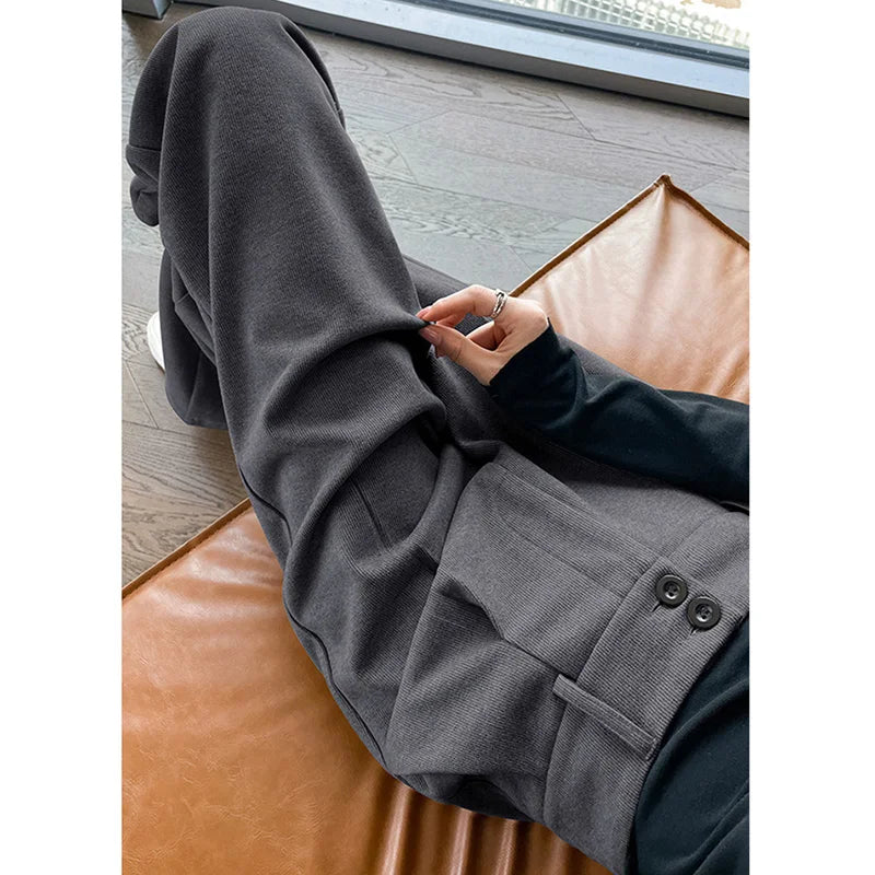 2024 Autumn Winter Women Concise Woolen Pants Lady Wide Leg Designer Outside Trousers Female Thicken High Waisted Draping Pants.