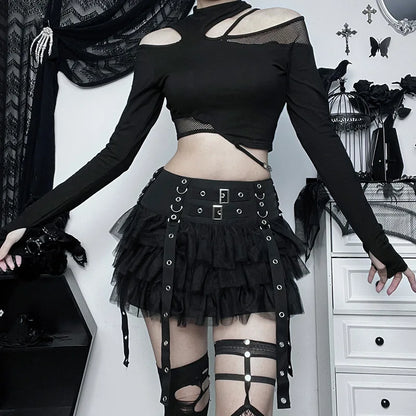 Goth Dark Ruffles Mall Gothic Mesh Splice Mini Skirts Grunge Aesthetic Harajuku Buckle A-line Skirt Punk High Waist Alt Bottoms