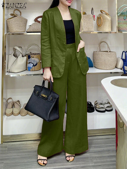 ZANZEA Autumn Fashion 2 Pieces Sets Women V-Neck Long Sleeve Blazer & Wide Leg Pants 2pcs Suits Office Commuting Solid Pant Sets