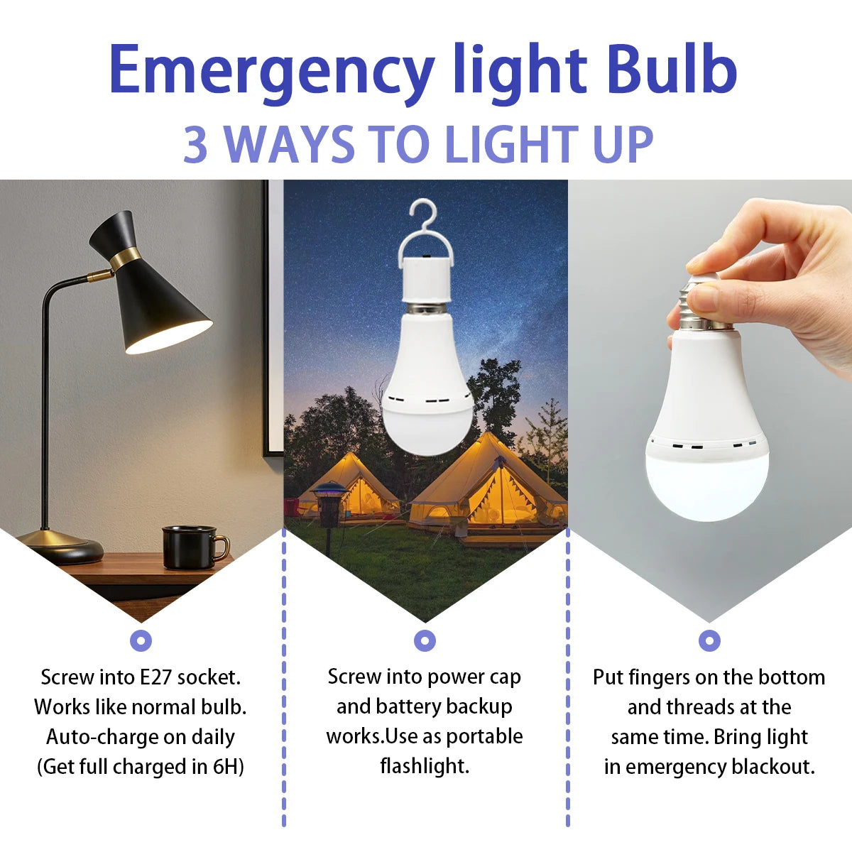 LED-Notfalllampe, wiederaufladbare Glühbirne, 7 W, E27, 110 V, 220 V, tragbar, zum Aufhängen, 3-Wege-Campinglampe, Zelt, Zuhause, Stromausfall, Veranda.