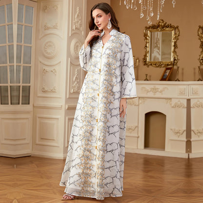 Uni Ramadan Dubai Woman’s Abayas Embroidered Sequin Floral Patter V-Neck Elegant Casual Kebaya Muslim Moroccan Long Dress.