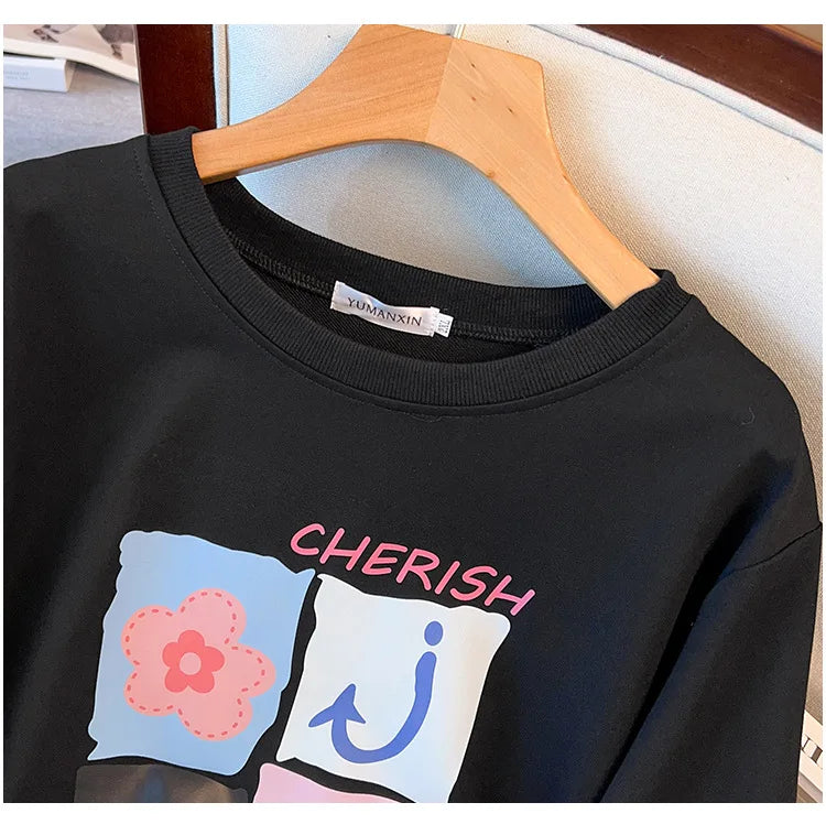 175kg plus size Damen büste Frühling Herbst lose Langarm bedrucktes Sweatshirt Top schwarz rosa 6xl 7xl 8xl 9xl 10xl 11xl