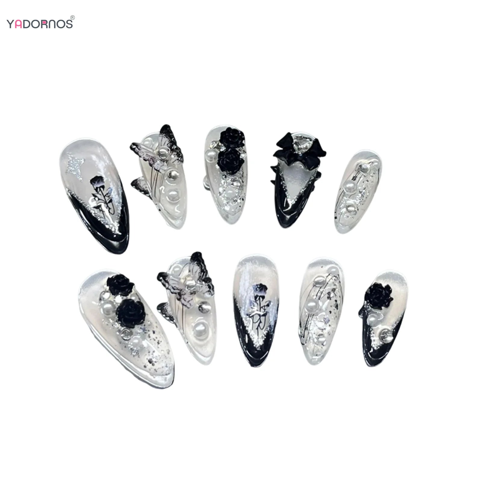 White Ballet Fake Nail Handmade Black French Style Press on Nails Rose Flower Butterfly Bowknot Design Wearable False Nails Tips.