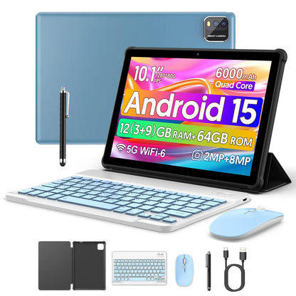 BAKEN 10-inch tablet with SIM card slot, Android 15, Wi-Fi, GPS, Bluetooth, 64GB storage, dual speakers, USB-C port.