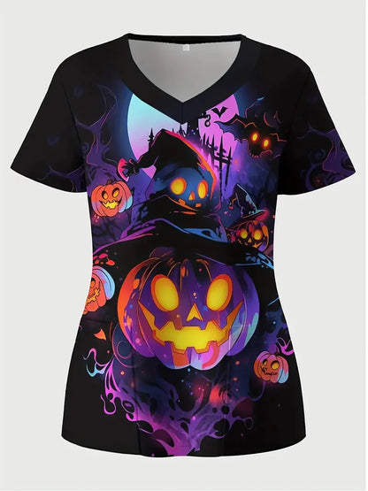 Halloween Surgical Uniforms Woman Cartoon Print Fashions Nurse Casual V-Neck Short Sleeve Patch Contest Clinical Uniform Woman.
