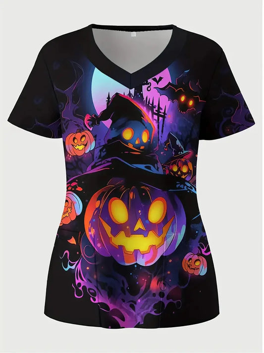 Halloween Surgical Uniforms Woman Cartoon Print Fashions Nurse Casual V-Neck Short Sleeve Patch Contest Clinical Uniform Woman.
