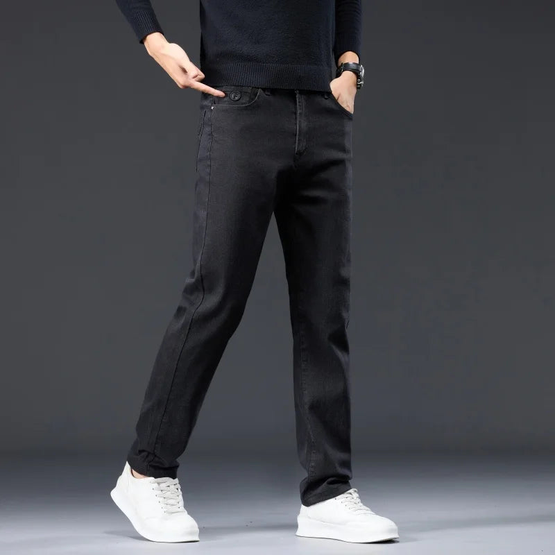 Male Brand Jeans Clothing Light Luxury Stretch Looes Fit Pants Comfortable Soft Business Fashion Straight Casual Denim Trousers.